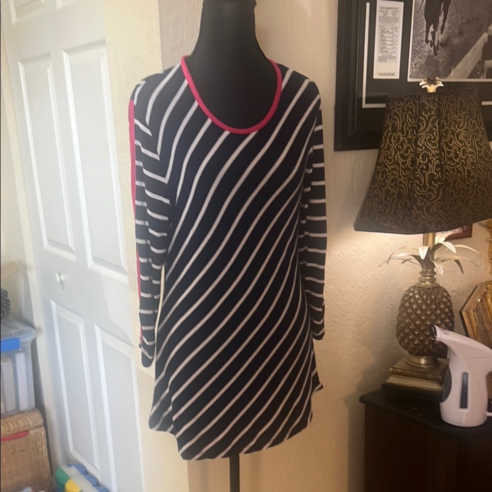 Striped Navy Blue and White Blouse with Pink Accents